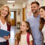 Family visiting a private elementary school, smiling and looking at a teacher