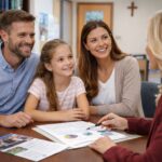 Family discussing private school options with a counselor