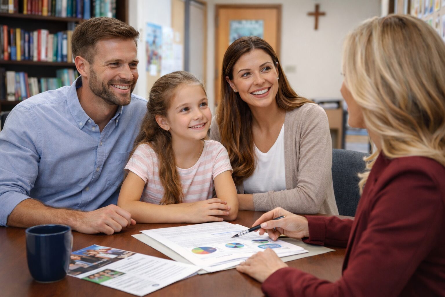 Family discussing private school options with a counselor