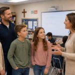 Family in Christian private school classroom talking to teacher