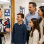 Family with two children in private school hallway, smiling