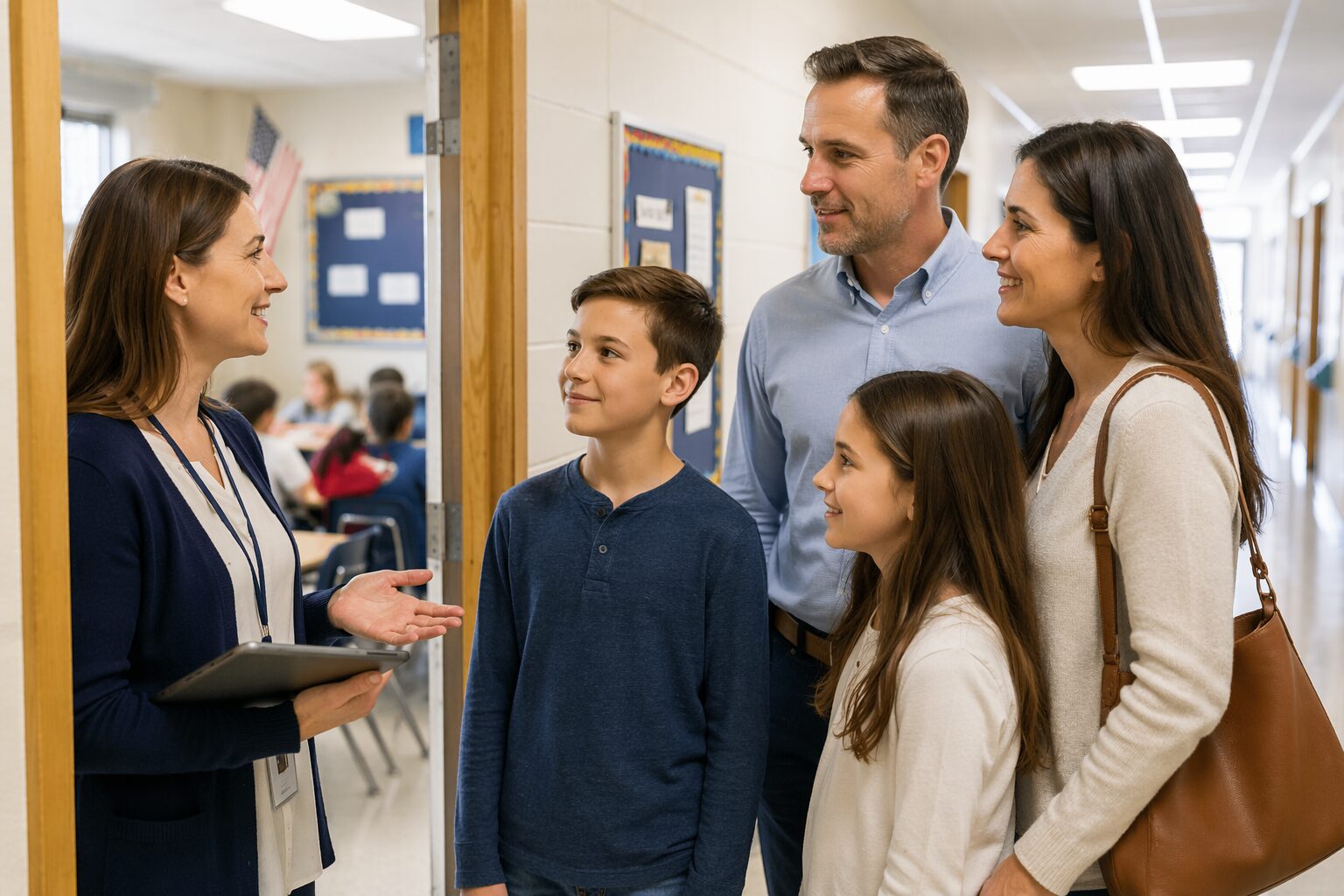 Family with two children in private school hallway, smiling