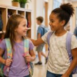 Two elementary students with backpacks greeting each other in a welcoming school hallway.