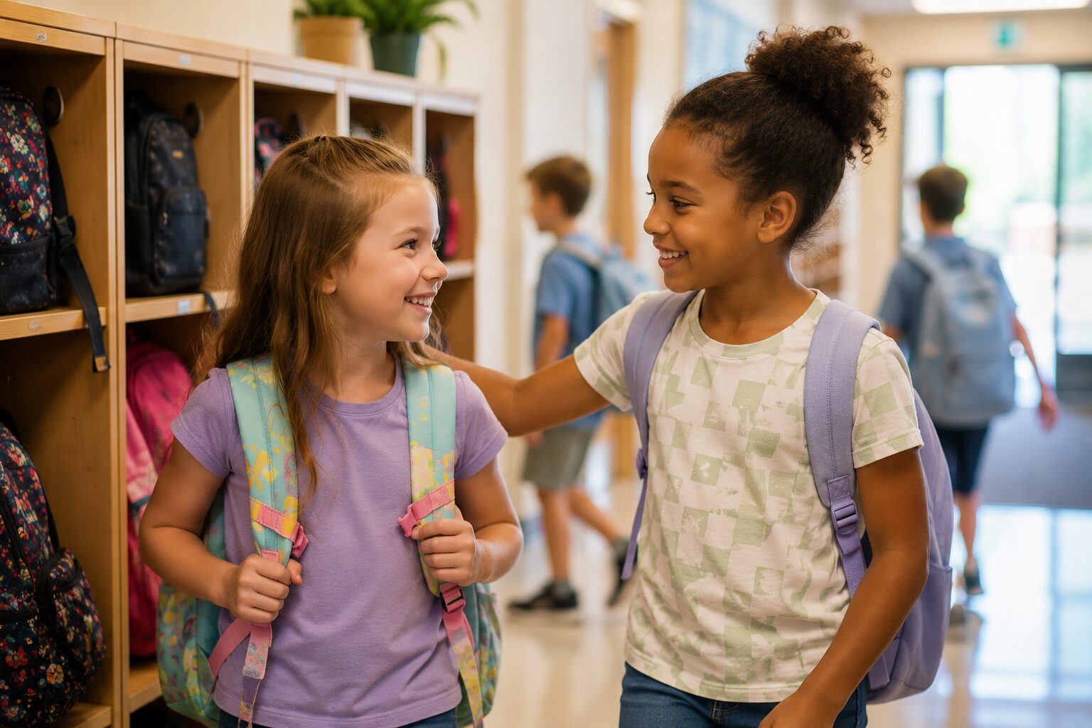 Two elementary students with backpacks greeting each other in a welcoming school hallway.