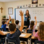 Elementary students actively participating in a Christ-centered classroom lesson.