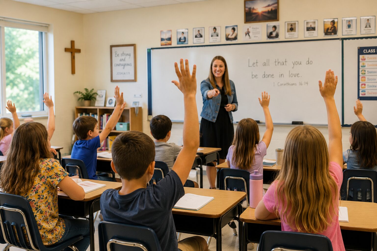 Elementary students actively participating in a Christ-centered classroom lesson.