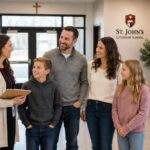 Family touring a private school and meeting with a staff member in the school lobby.
