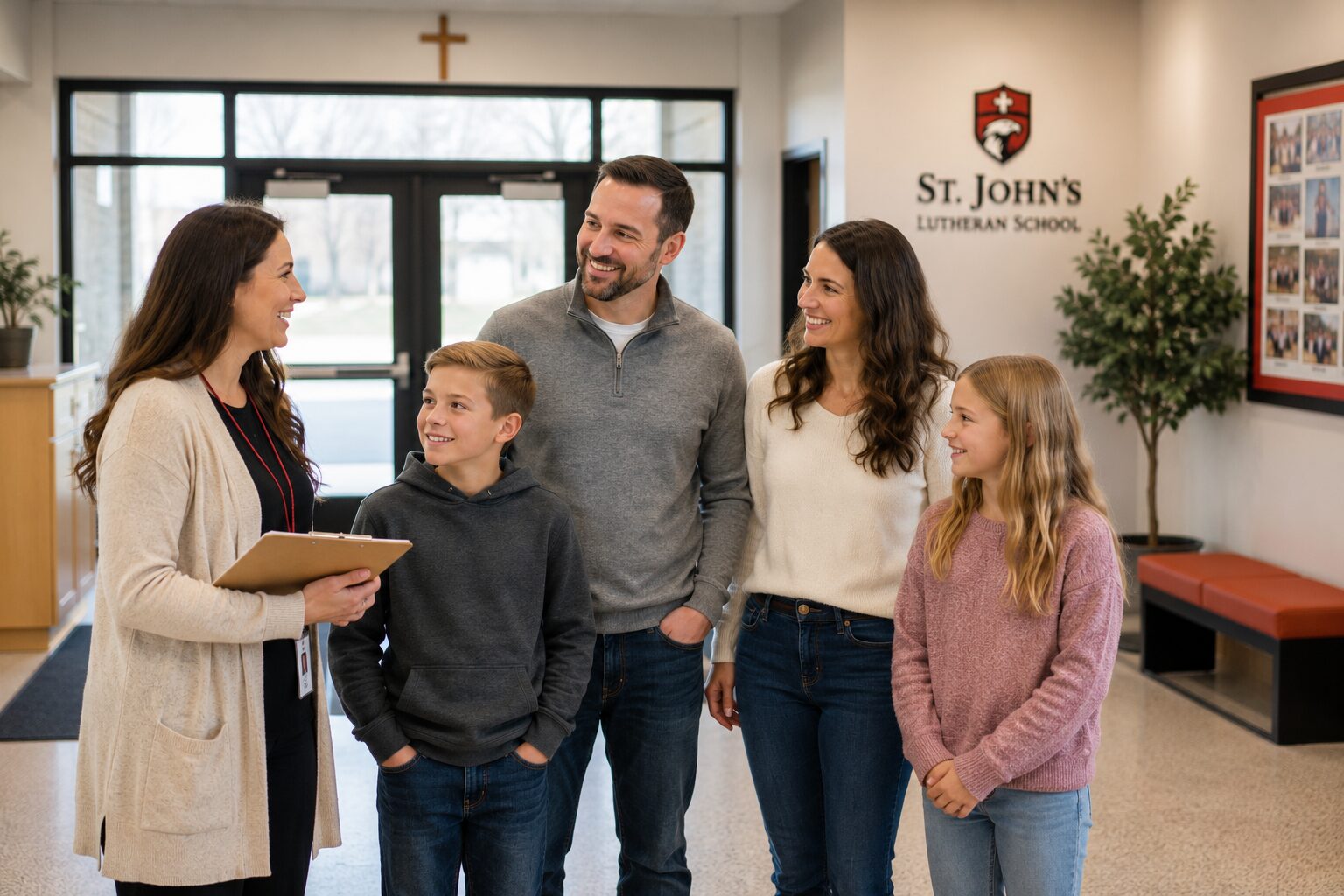 Family touring a private school and meeting with a staff member in the school lobby.