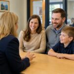 Parents and child meeting with school staff to explore private school options.