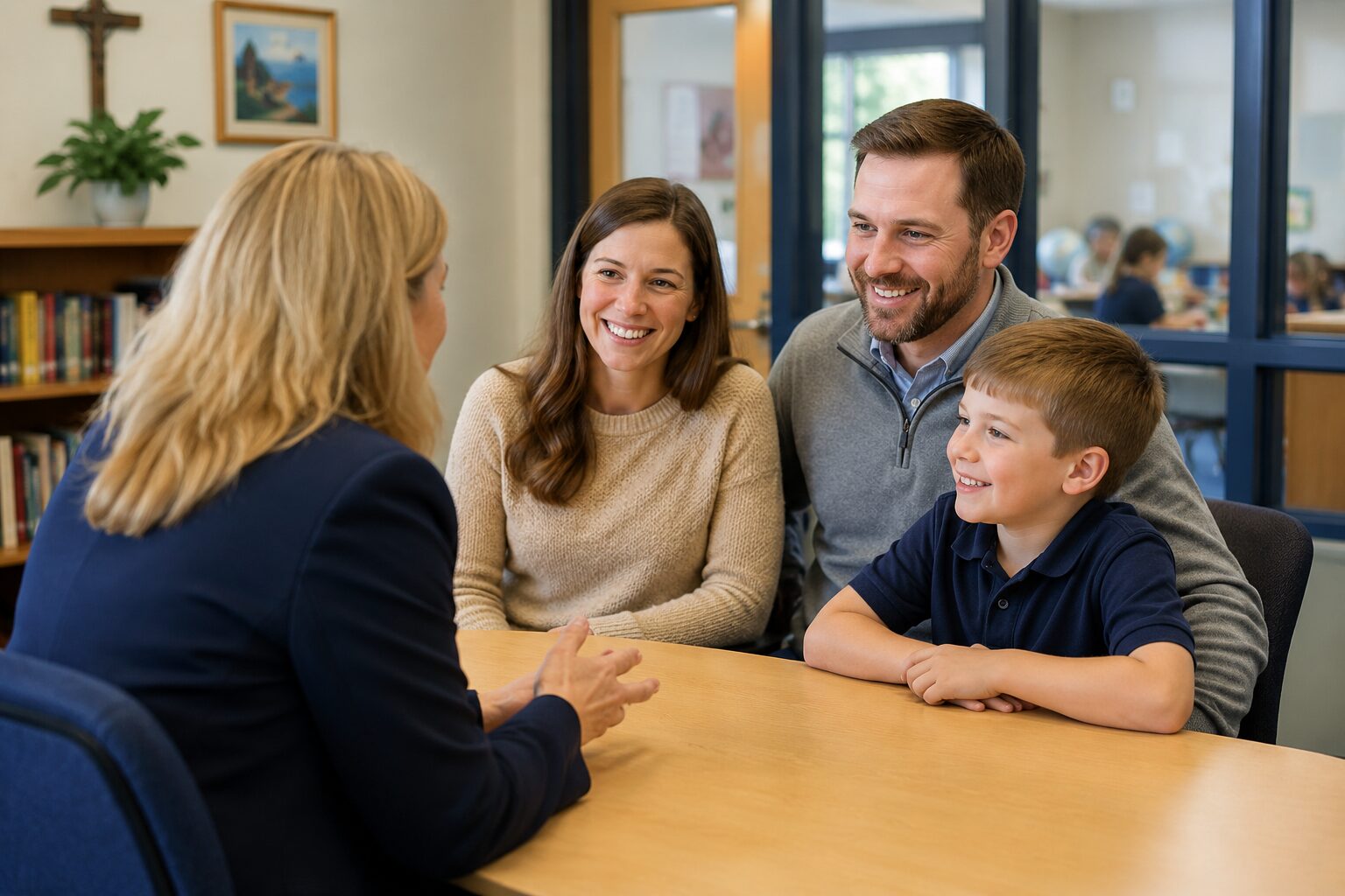 Parents and child meeting with school staff to explore private school options.
