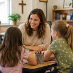 Teacher building relationships with elementary students in a welcoming Christian school classroom.
